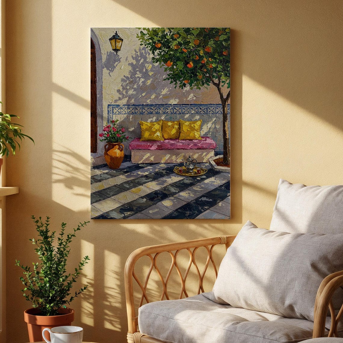 Mediterranean Patio Courtyard Bench Orange Tree Sunlit Wall Print