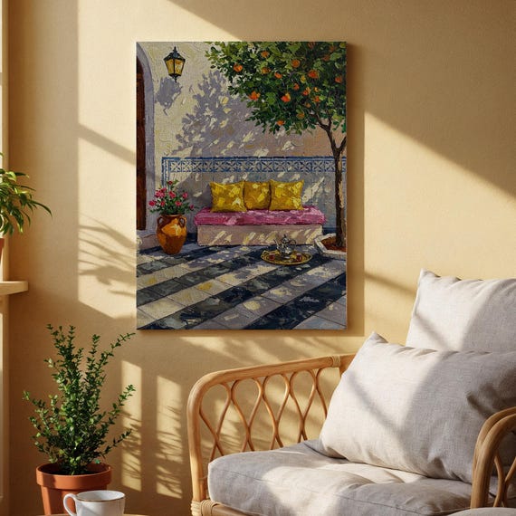 Mediterranean Patio Canvas Wall Art Rustic Courtyard Print Outdoor Garden Bench And Orange Tree Artwork For Kitchen Dining Room