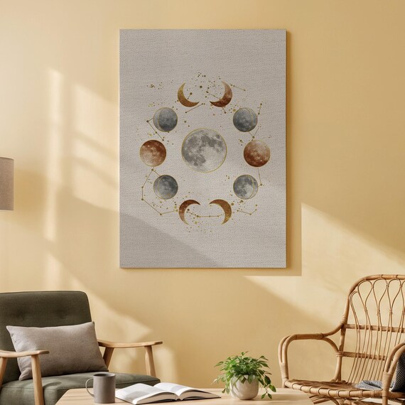 Moon Phases Canvas Wall Art Celestial Lunar Cycle Painting Print Mystical Boho Astrology Decor For Living Room Bedroom Or Meditation Space