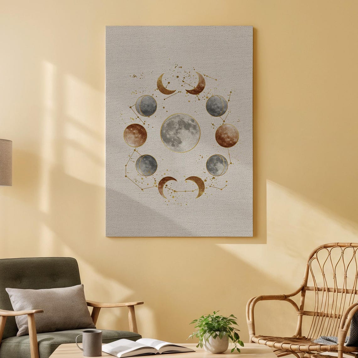 Golden Moon Phases Circle Watercolor Celestial Boho Art Poster