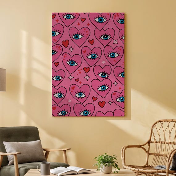 Pop Art Eye Heart Canvas Wall Pink Modern Abstract Pattern Print Whimsical Surreal Artwork For Bedroom Or Trendy Home Decor