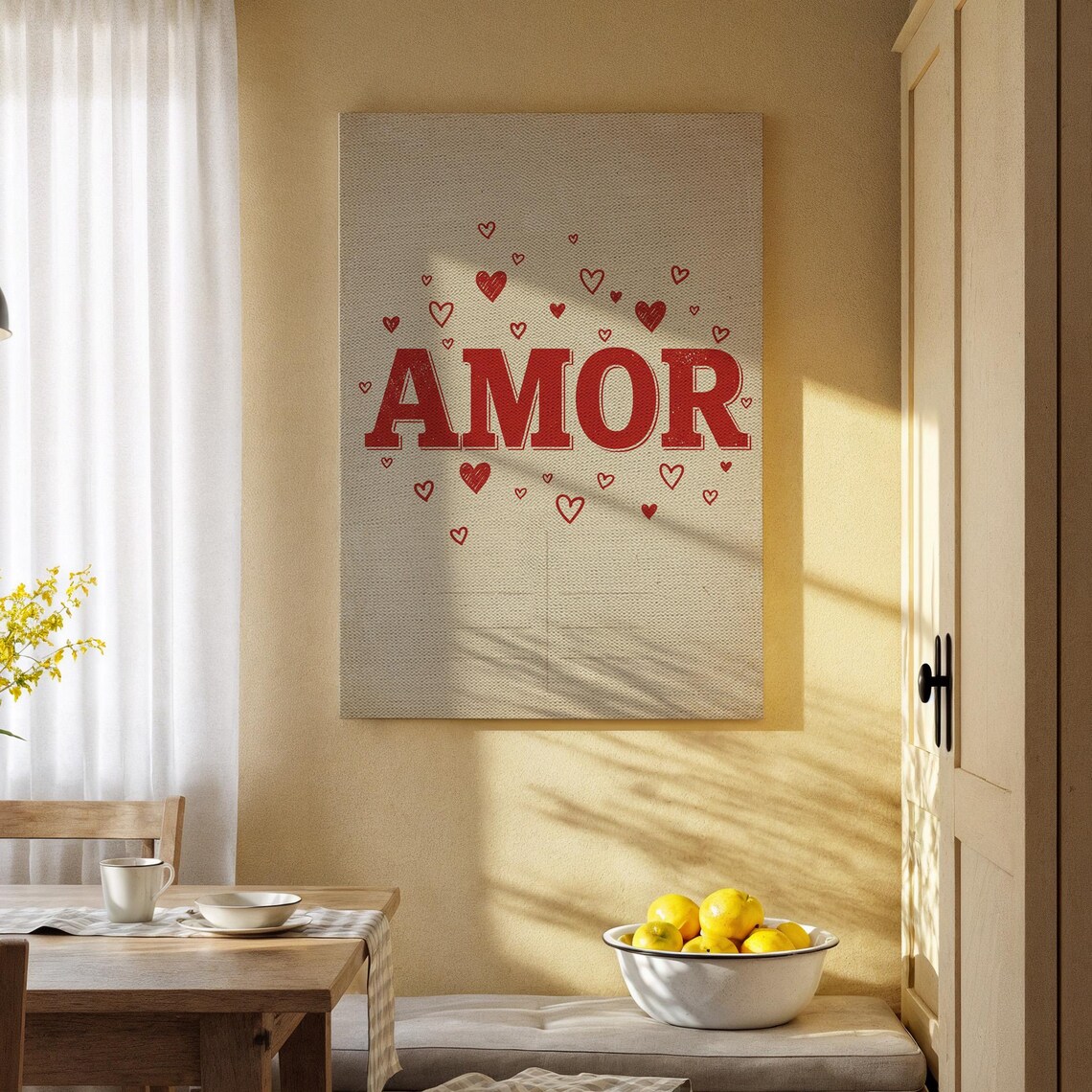 Amor Spanish Love Quote Typography Poster Red Hearts on Cream