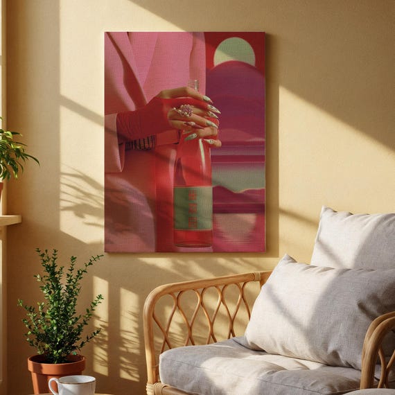Modern Abstract Woman With Wine Bottle Canvas Art Stylish Red And Pink Wall Decor Contemporary Figurative Print For Living Room Or Bar