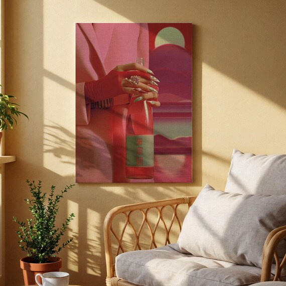 Woman With Wine Bottle Pink Fashion Glam Sunset Canvas Poster