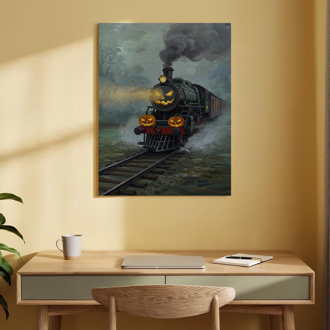 Haunted Pumpkin Train Steam Locomotive Jack O Lantern Night Poster
