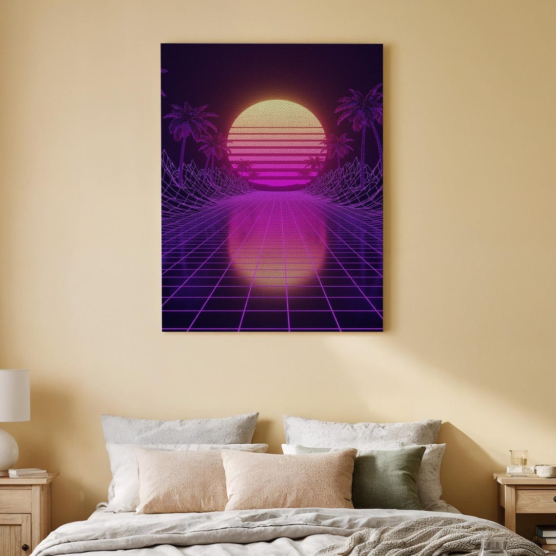 Retro Synthwave Sunset Neon Grid 80s Palm Trees Vaporwave Poster
