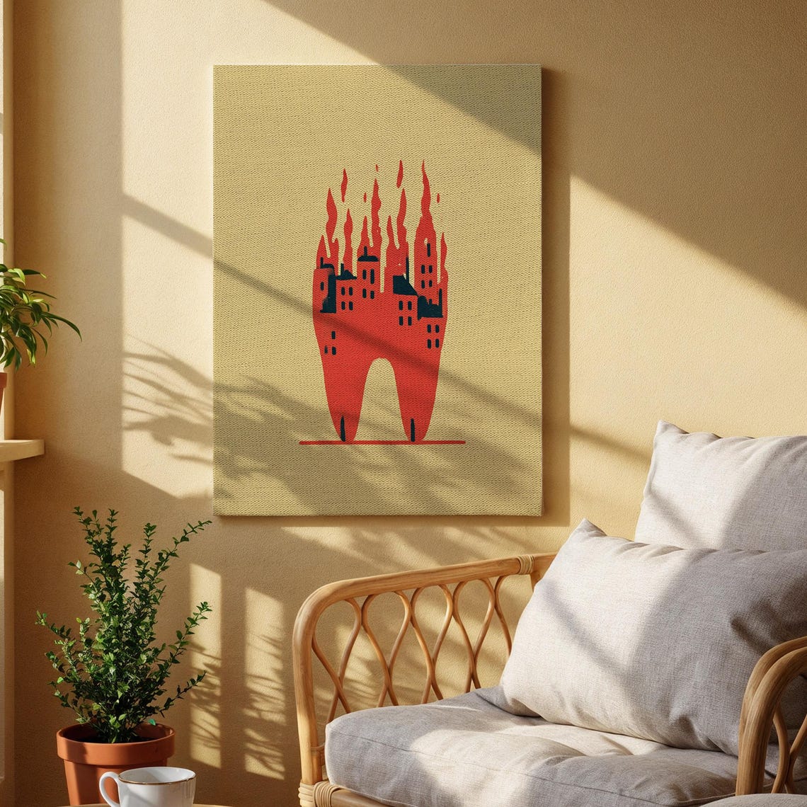 Surreal Burning City Skyline Red Flames Minimalist Art Poster