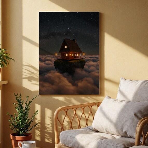 Floating Cabin In The Sky Canvas Wall Art Surreal Night Landscape Print Dreamy Cloud And Starry Decor For Bedroom Living Room Accent