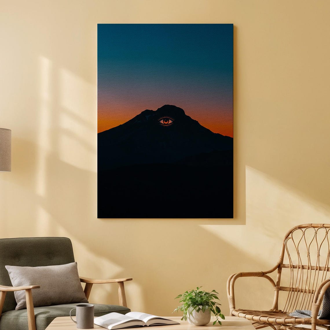 Surreal Mountain With Watching Eye Mystical Sunset Silhouette Poster