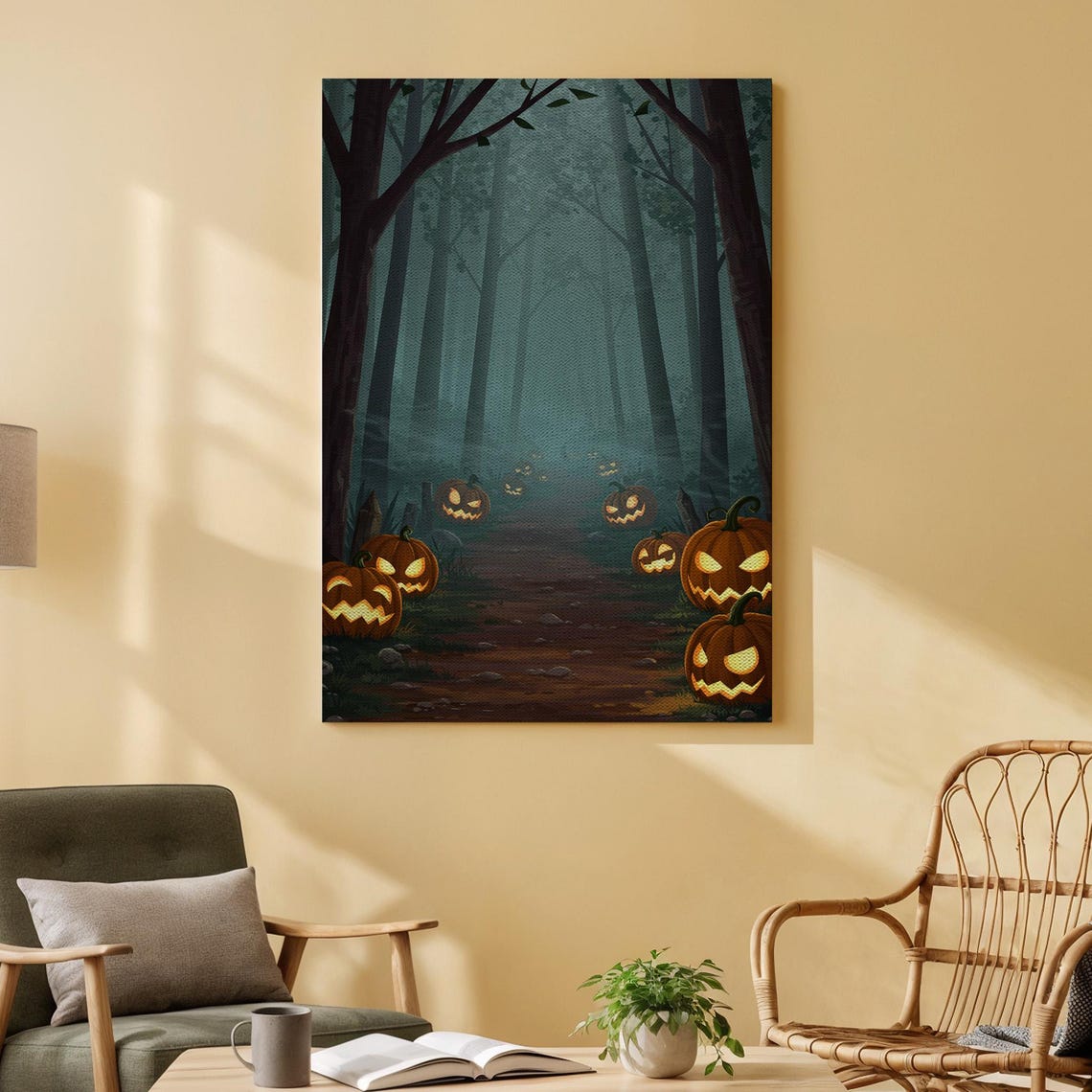 Spooky Forest Path Jack O Lantern Misty Night Forest Halloween Poster