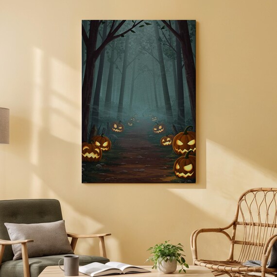Spooky Forest Path Canvas Wall Art Jackolantern Trail Halloween Print Haunted Woods Decor Atmospheric Pumpkin Night For Home