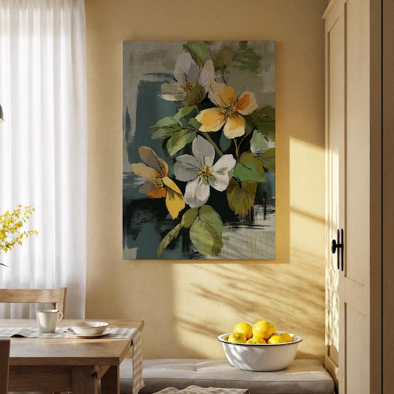 Abstract Floral White Yellow Blooms Botanical Modern Canvas Art Poster