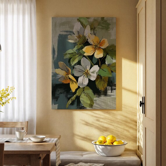 Delicate Floral Arrangement Canvas Wall Art White And Yellow Flowers With Green Leaves Soft Modern Botanical For Living Room Or Bedroom
