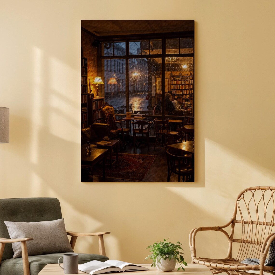 Cozy Rainy Window Cafe Bookshop Warm Night Ambience Art Poster