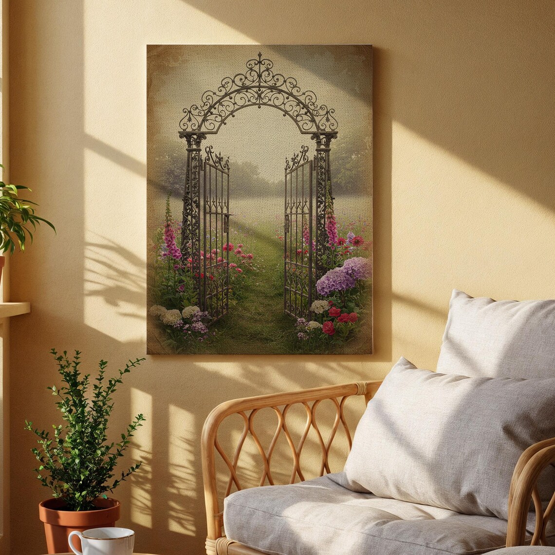 Vintage Iron Garden Gate with Blooming Flowers Serene Floral Poster