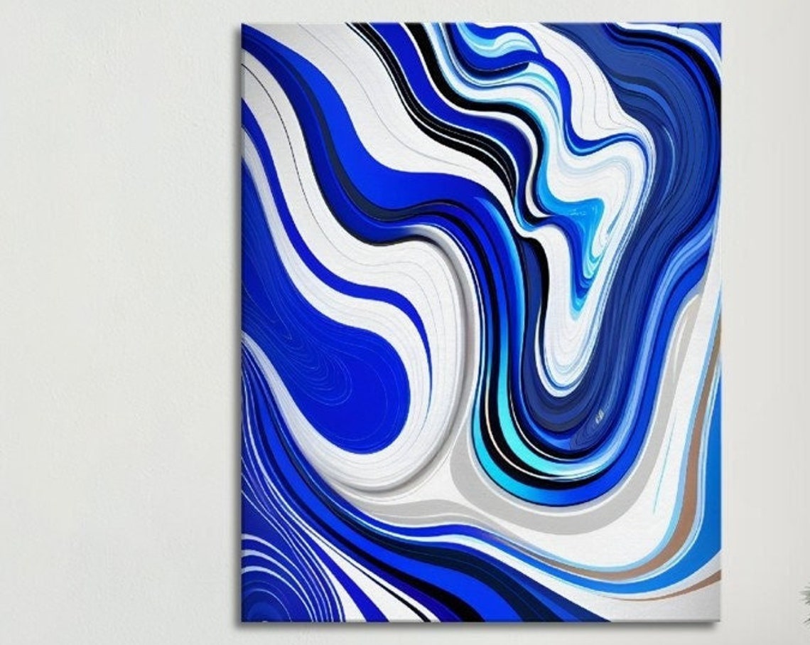 Blue White Marble Swirl Abstract Fluid Acrylic Modern Art Poster