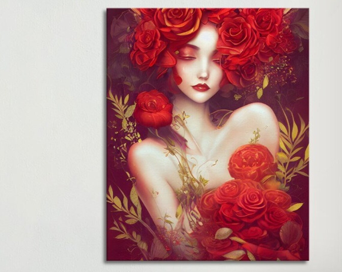 Crimson Rose Goddess Portrait Autumn Floral Fantasy Art Poster