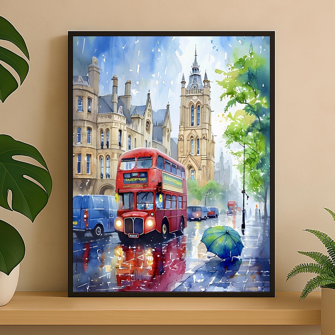 London Rain Red Double Decker Bus Church Tower Watercolor Poster