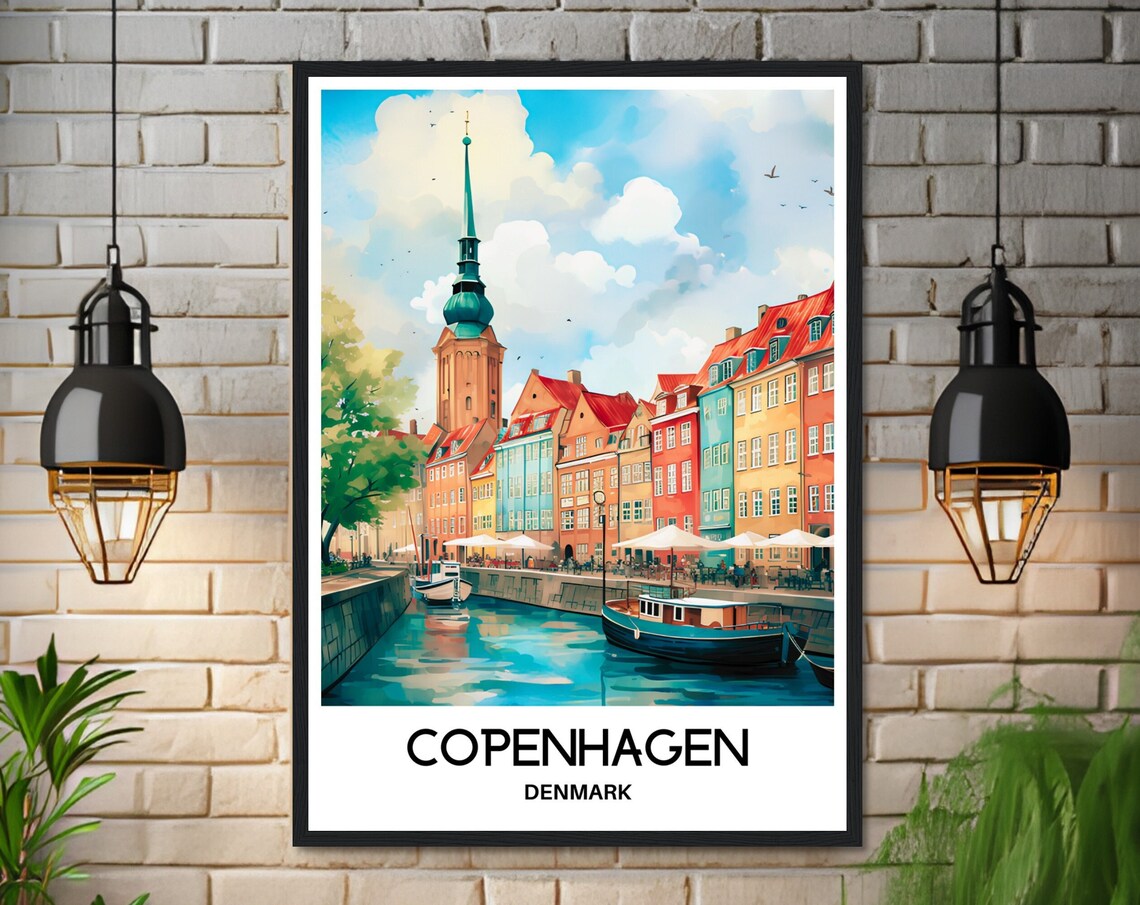 Copenhagen Denmark Nyhavn Harbor Cheerful Watercolor Travel Poster - Image 3