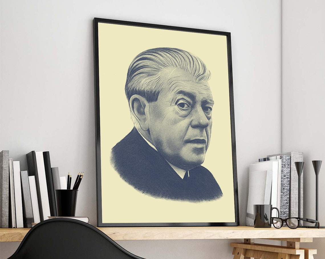 Blue Pencil Sketch Portrait of an Older Man on Cream Art Poster