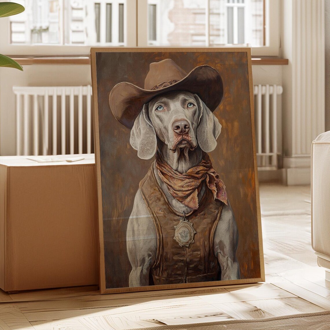 Weimaraner Dog Cowboy Sheriff Portrait Blue Eyes Hat Bandana Poster