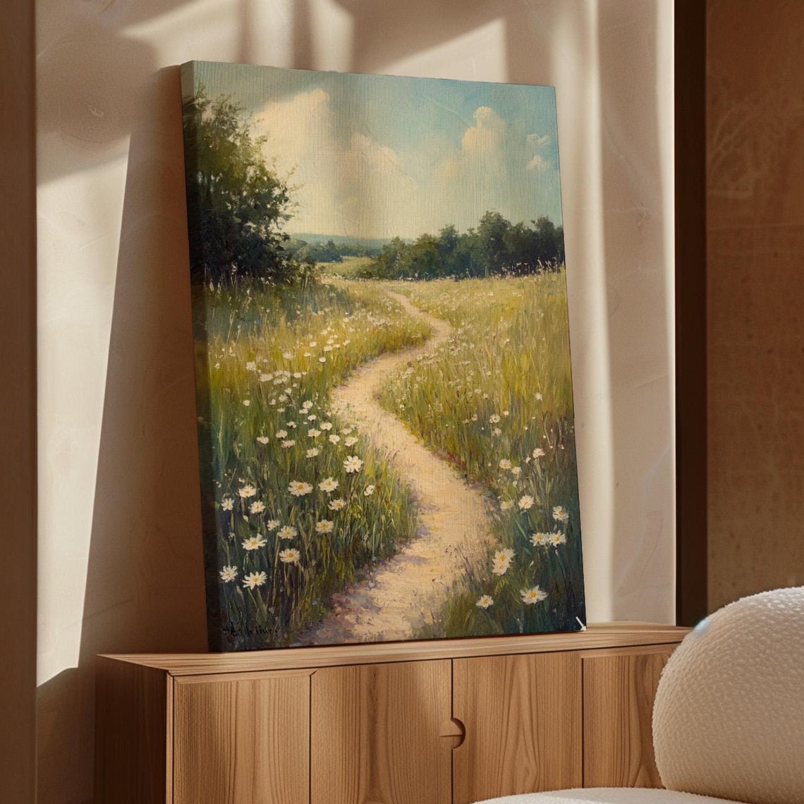 Winding Meadow Path Through Daisies Sunny Countryside Art Print