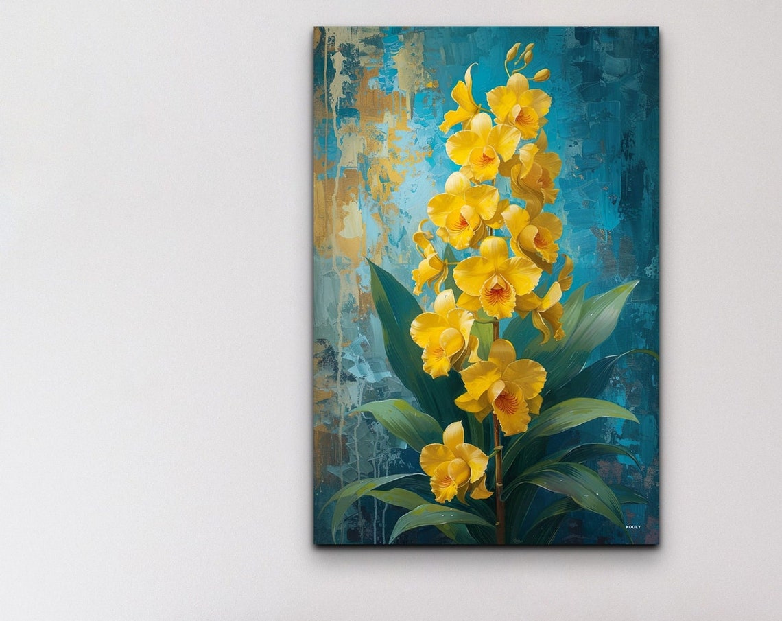 Tall Yellow Orchid Stem Painterly Blue And Gold Floral Art Poster