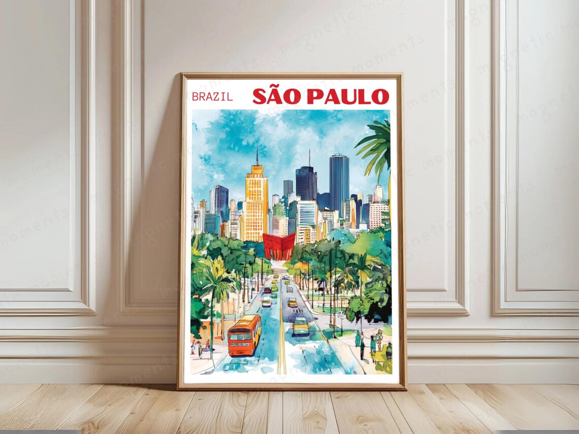 São Paulo Brazil Cityscape Red Bus Hand Drawn Watercolor Travel Poster