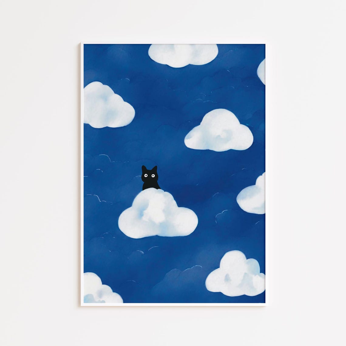 Cat In The Clouds Black Poster Print, Pop Illustration
