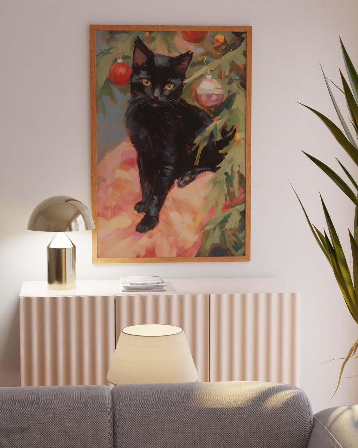 Black Cat Beside A Decorated Christmas Tree Holiday Art Poster - Image 4