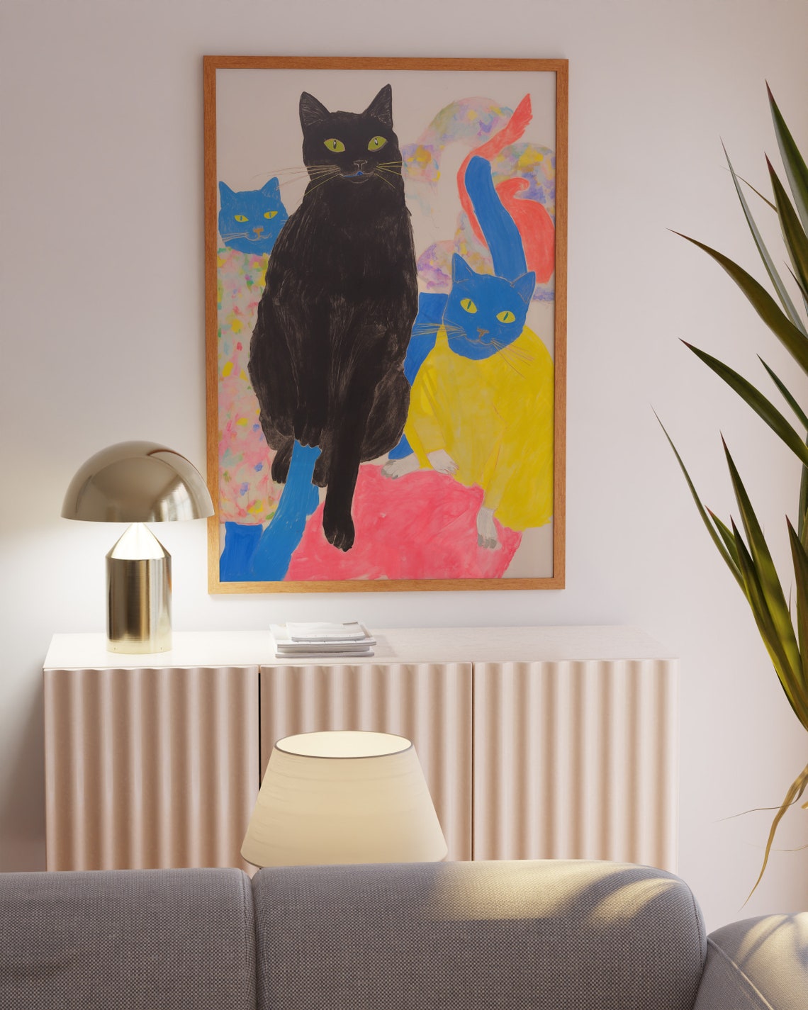 Black Cat with Blue and Yellow Cats Funky Maximalist Art Poster - Image 3
