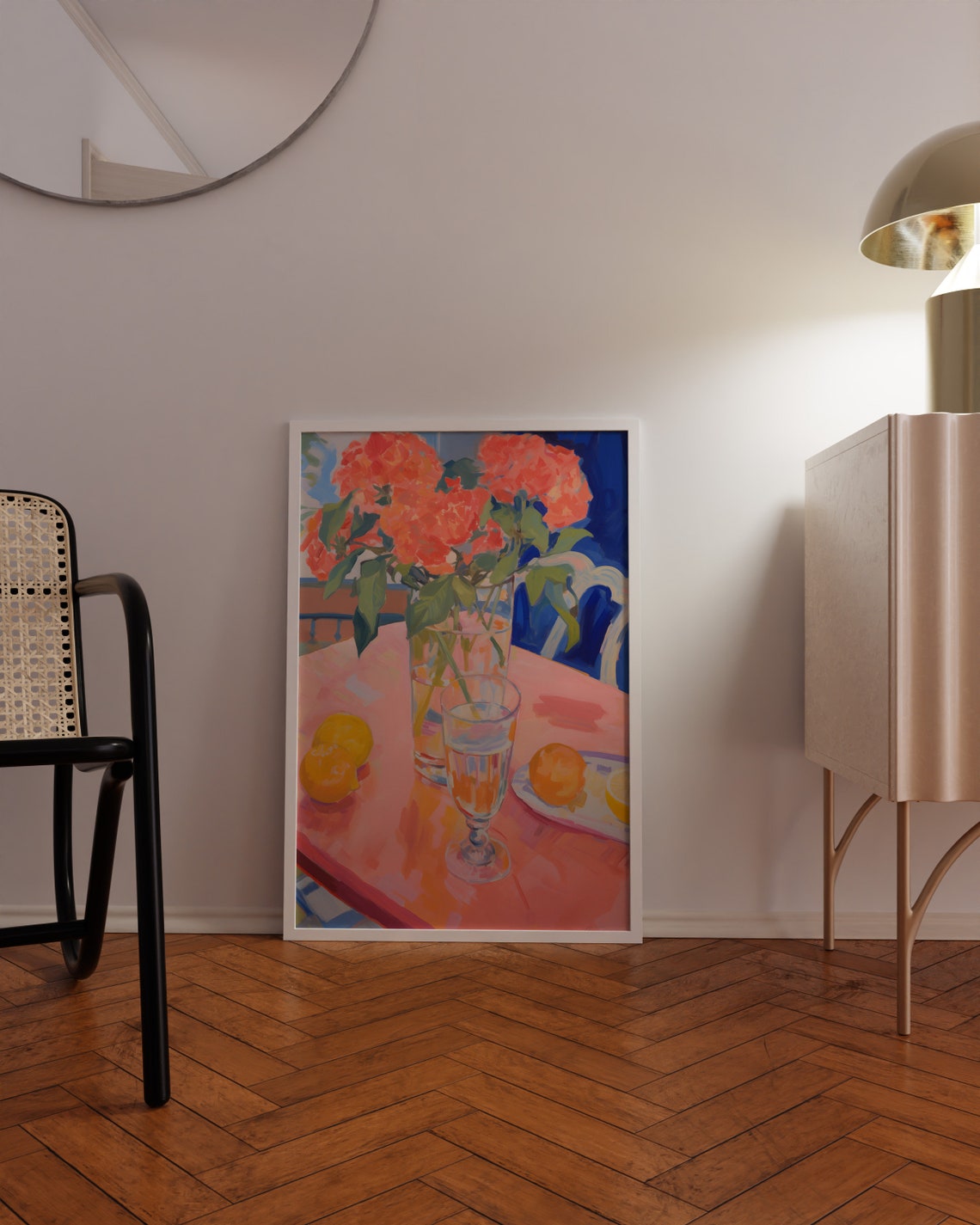 Coral Flowers with Lemons on a Pink Table Still Life Kitchen Poster - Image 3