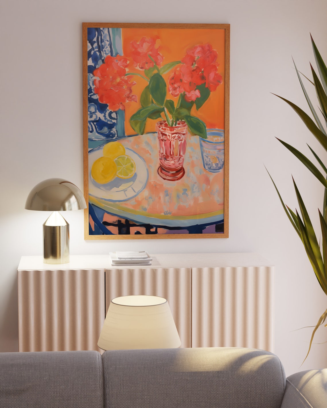 Coral Geranium Bouquet With Lemons Still Life Painting Poster - Image 3
