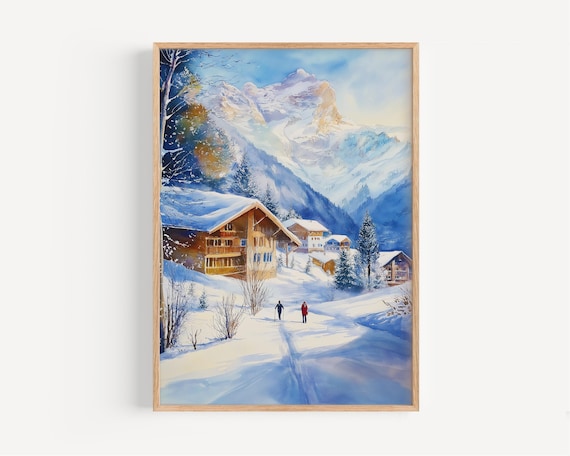 Snowy Swiss Alpine Village Chalet Winter Wonderland Watercolor Poster