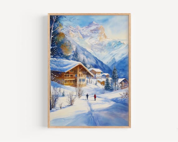 Switzerland Watercolor Painting Wall Art Print Grindelwald Poster Travel Decor Illustration Home