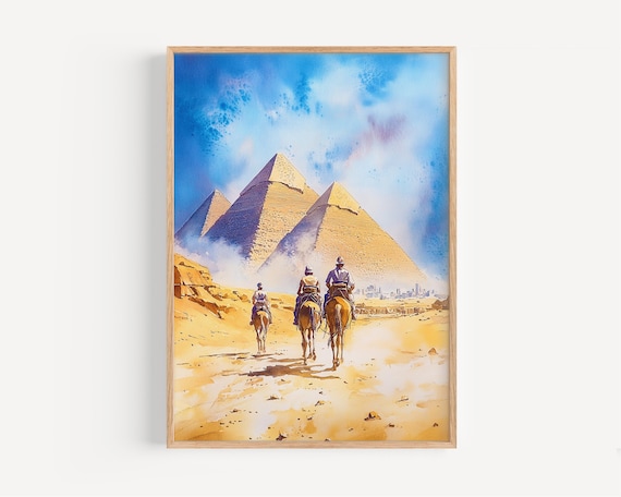 Giza Pyramids Camel Riders Egypt Desert Watercolor Travel Poster