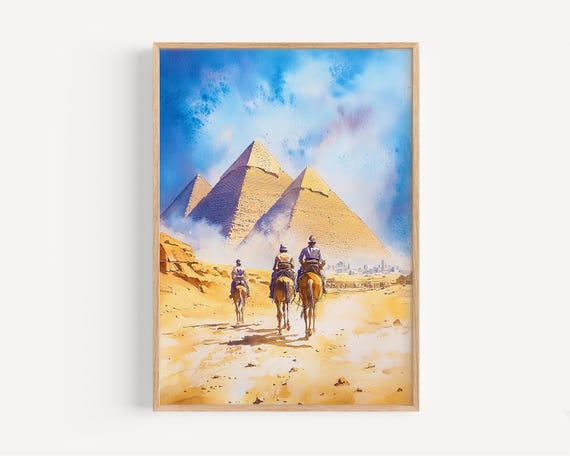 Pyramids Of Giza Watercolor Painting Wall Art Print Egypt Poster Travel Decor Illustration Home
