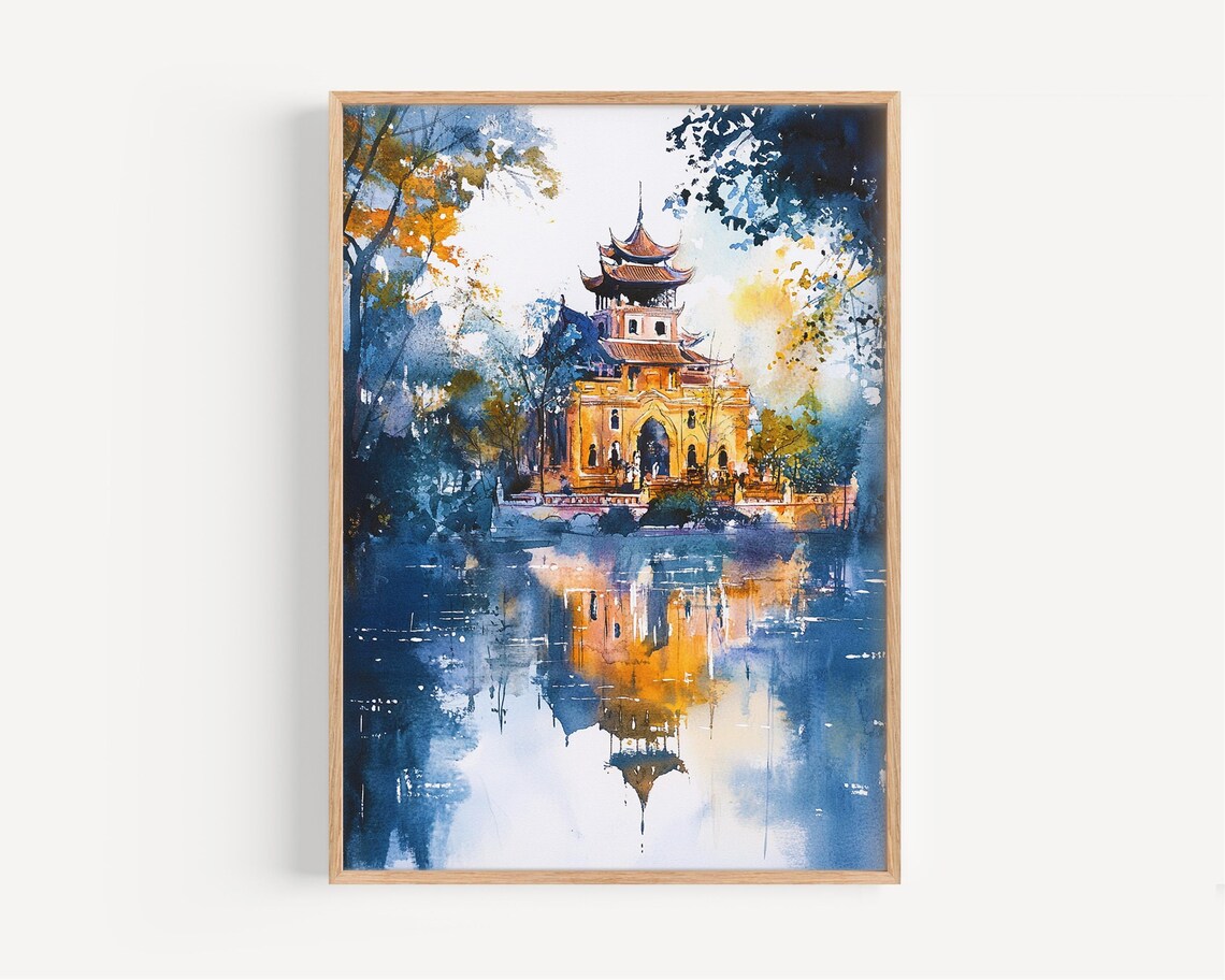 Turtle Tower Hoan Kiem Lake Hanoi Vietnam Watercolor Travel Poster