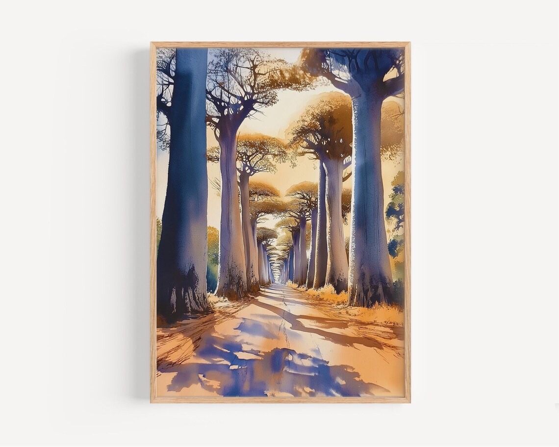 Avenue Of The Baobabs Watercolor Painting Wall Art Print Poster Africa Travel Decor Illustration Home