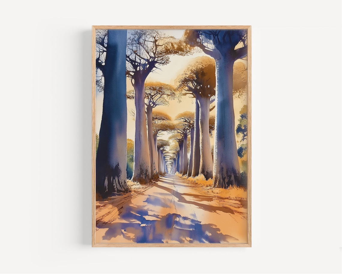 Majestic Baobab Avenue Golden Sunset Watercolor Africa Nature Poster