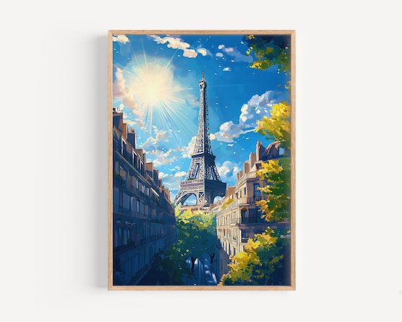 Charming Paris Eiffel Tower Sunny Street Watercolor French Cityscape Poster