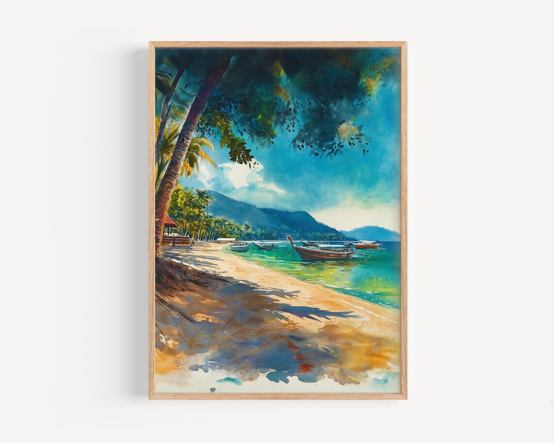 Tropical Beach Watercolor Painting Palm Trees Boats Ocean Wall Art
