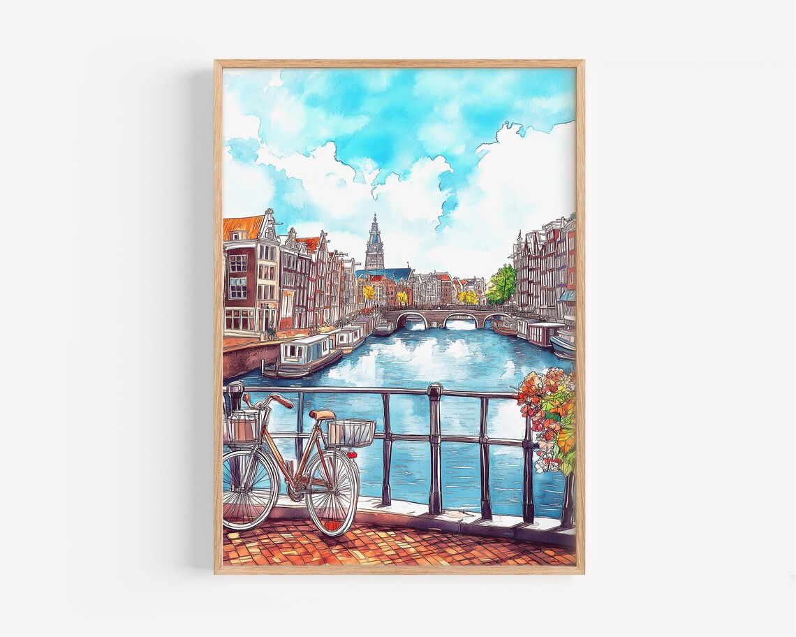 Amsterdam Canal Bicycle Bridge Watercolor Dutch Travel City Poster