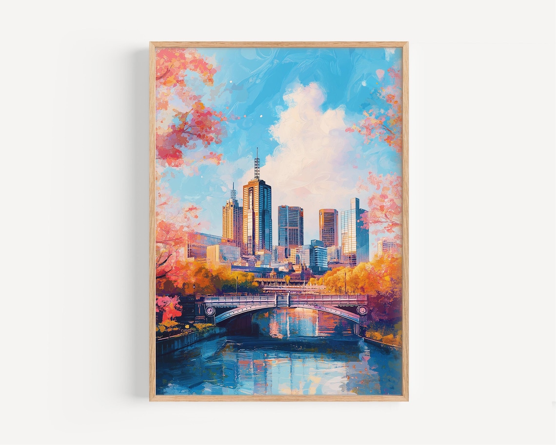 Melbourne Australia Skyline Yarra River Bridge Watercolor Cityscape Poster