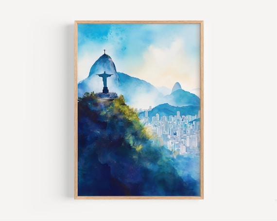 Rio de Janeiro Watercolor Christ Statue Misty Skyline Travel Poster