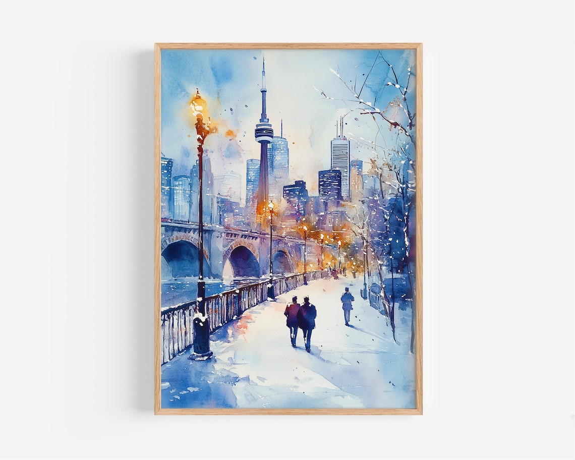 Toronto Winter Watercolor CN Tower Snowy Bridge Cityscape Poster