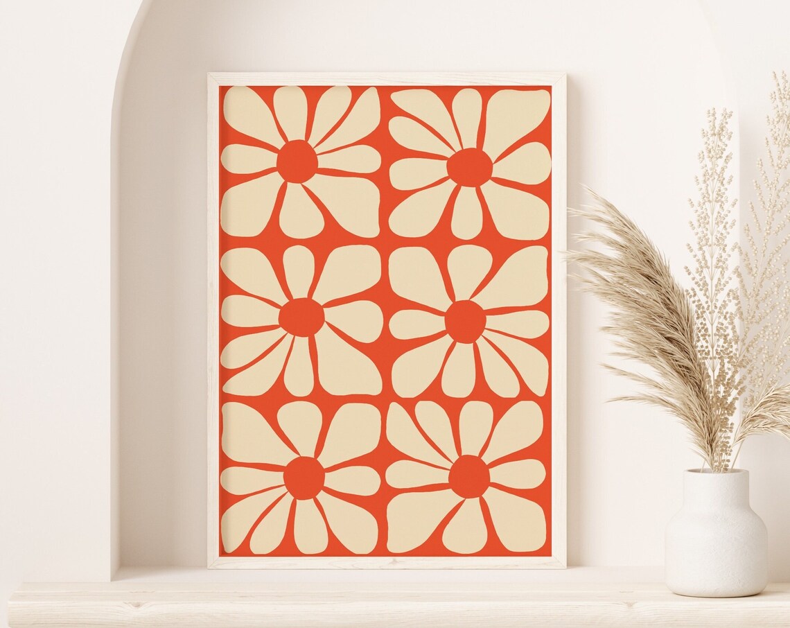Orange Boho Mid Century Wavy Flower Pattern Poster - Image 2