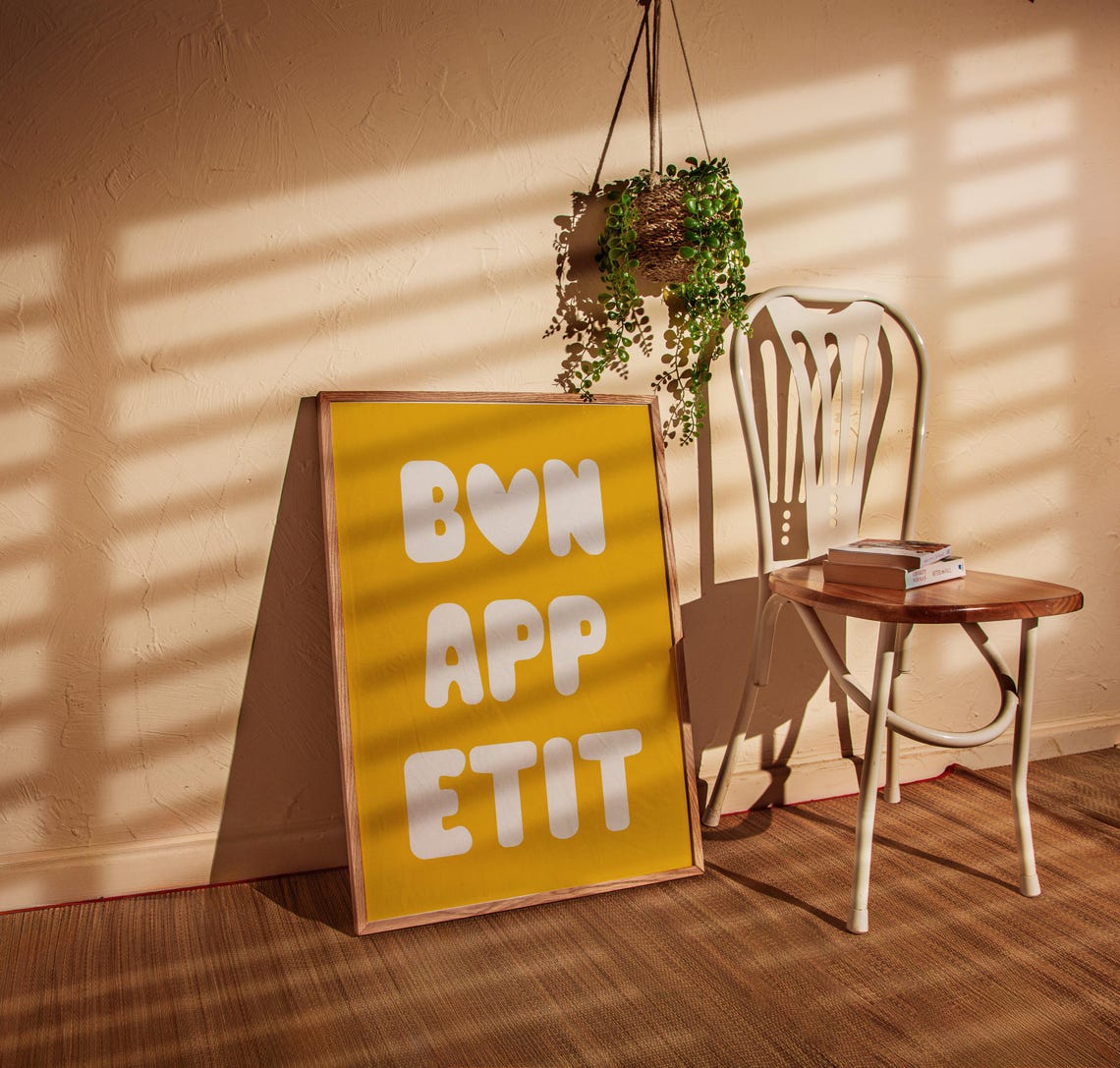 Bon Appetit White Bubble Letters Mustard Yellow Kitchen Saying Poster - Image 3