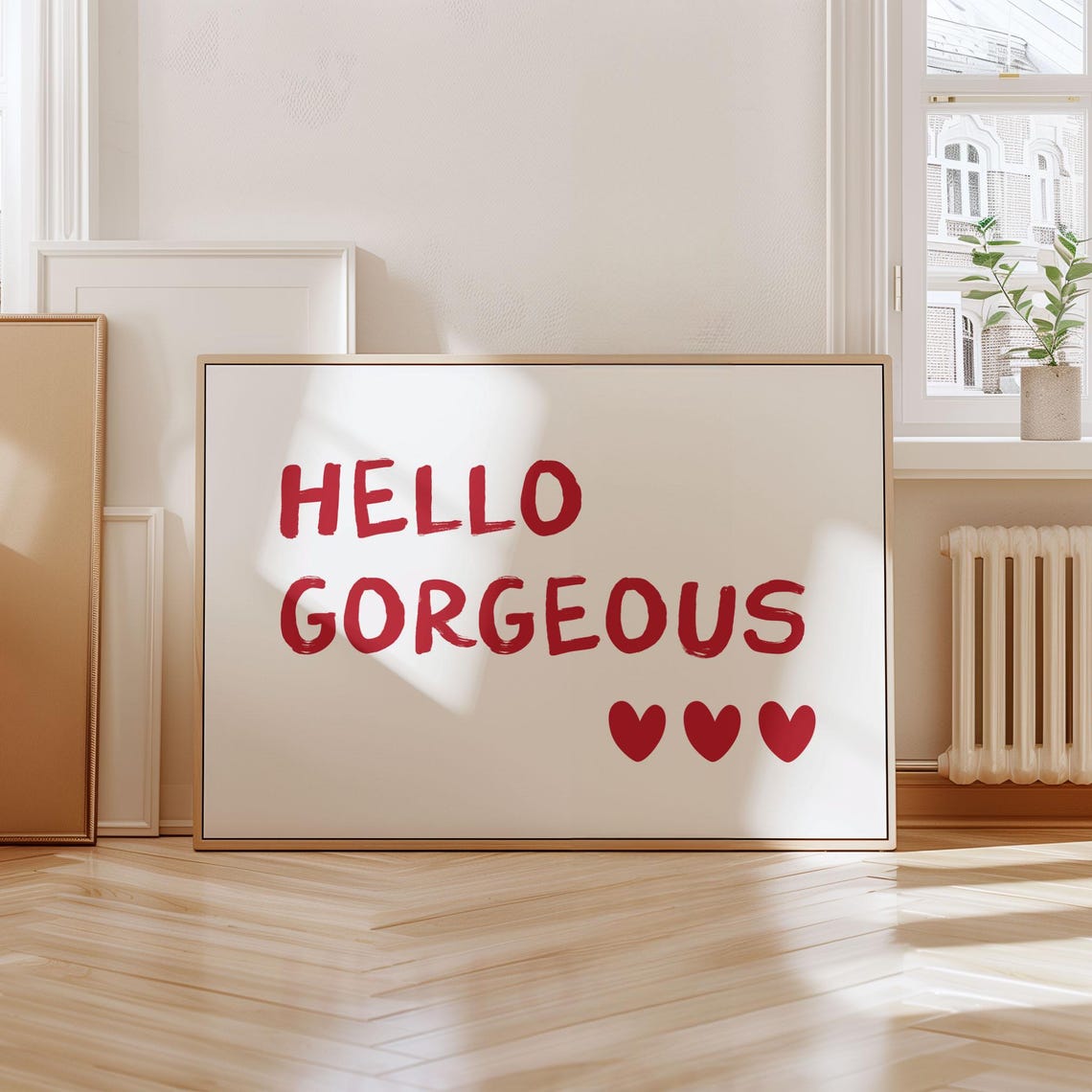 Hello Gorgeous Red Heart Typography Positive Affirmation Wall Print