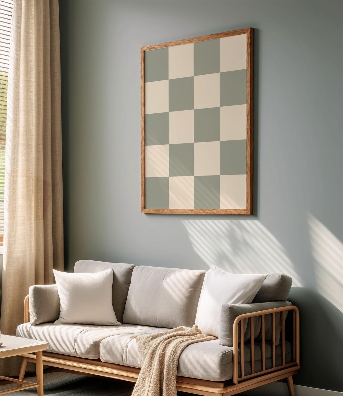 Sage Green Cream Retro Checkerboard Pattern Minimalist Poster - Image 2